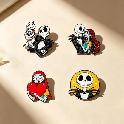 4-Piece Christmas Horror Skull Enamel Pin Set – Gothic Punk Lapel Brooches for Backpacks, Halloween Costumes, and Gifts