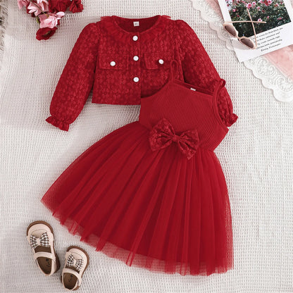 Girls' Summer & Fall 2-Piece Set – Tulle Patchwork Slip Dress with Flower Jacket, Casual Outfit for Ages 2-8Y