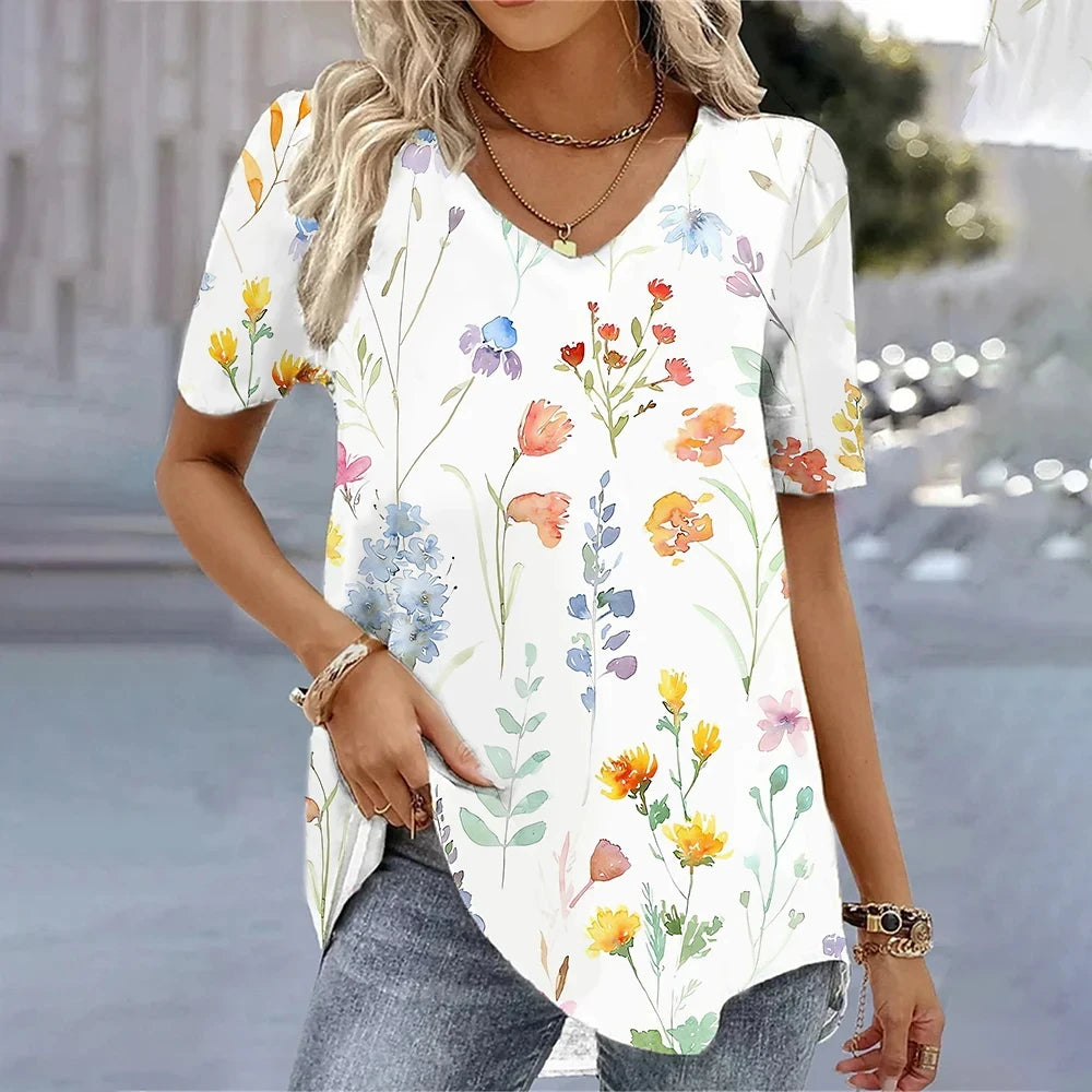 Women's 3D Flower Print V-Neck T-Shirt - Oversized Kawaii Summer Casual Blouse Top Fashion Clothing