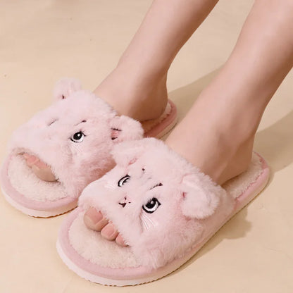 Cartoon Cat Plush Slippers - Women’s Open Toe Faux Fur Indoor Shoes with Non-Slip Wave Sole