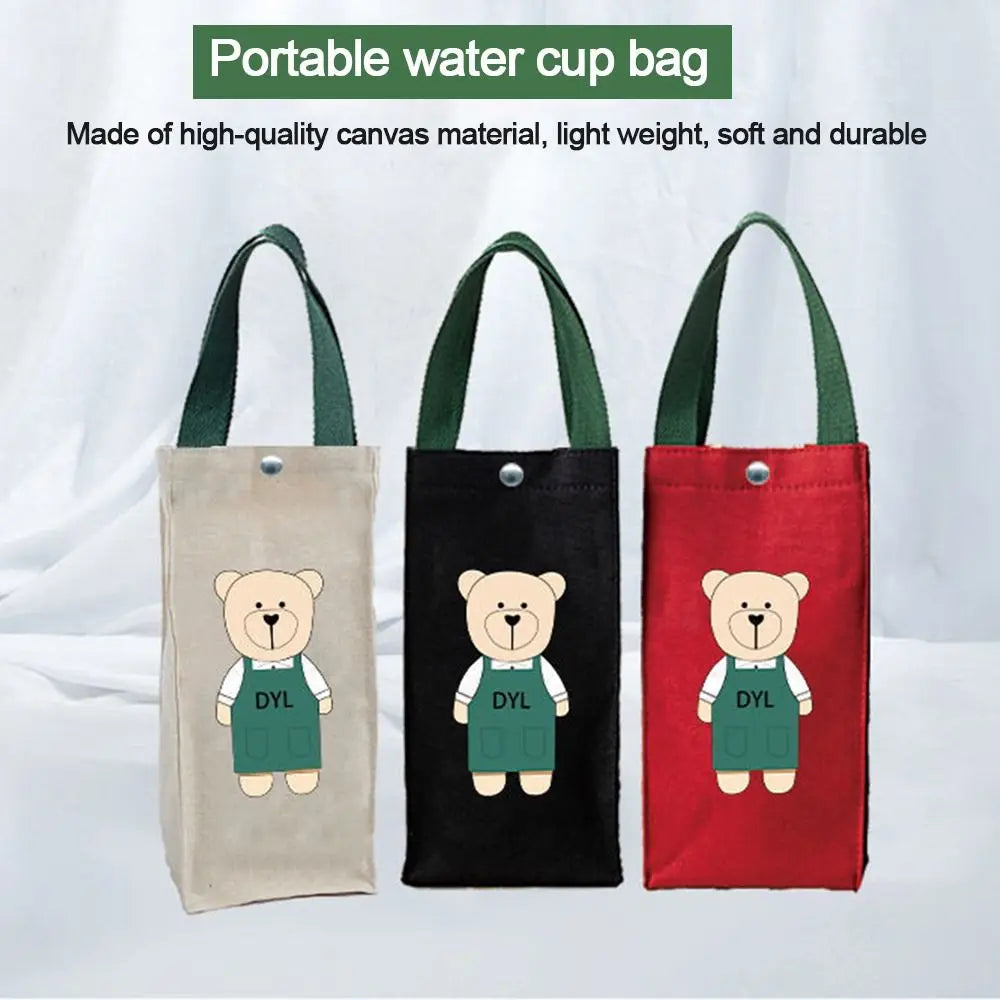 Cute Bear Portable Water Bottle Bag – Insulated Cup Cover Holder, Canvas Hand Carry Storage Bag for Camping & Travel Bottles