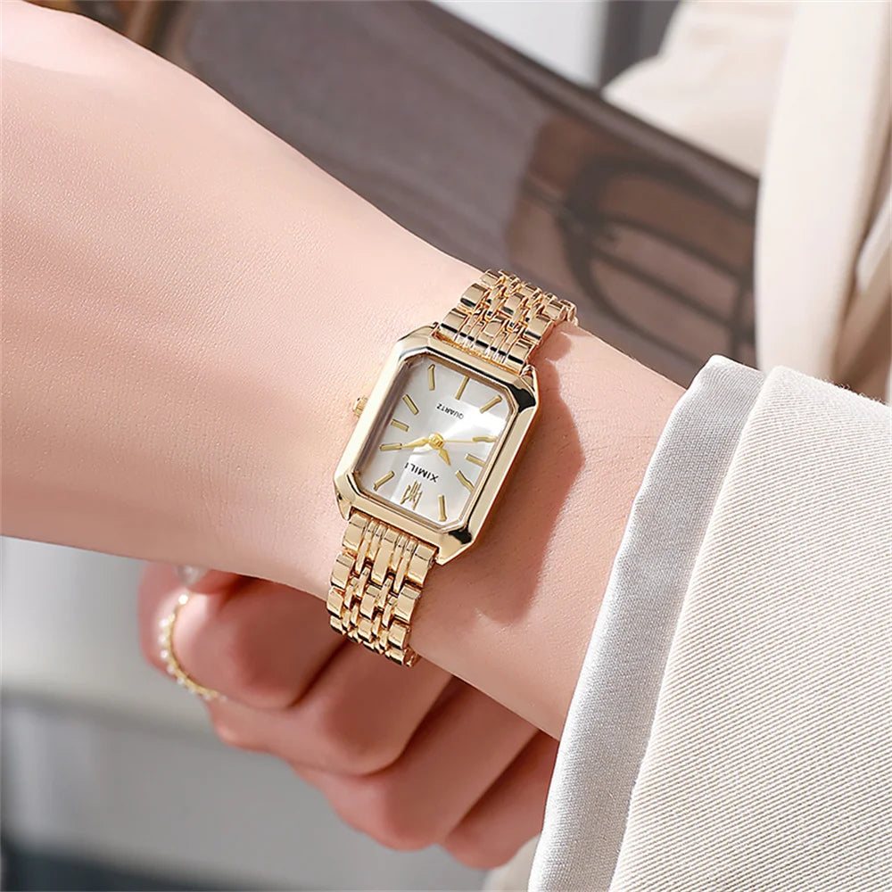 Luxury Women's Square Quartz Watch – Gold-Plated Stainless Steel Business Timepiece