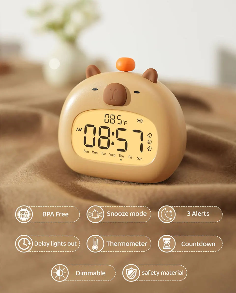 Capybara LED Digital Alarm Clock - Rechargeable Bedside Lamp with Timer, Dimmable Light & USB Charging, Kids Gift