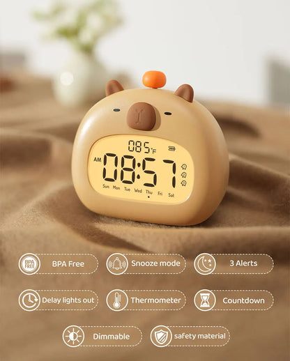 Capybara LED Digital Alarm Clock - Rechargeable Bedside Lamp with Timer, Dimmable Light & USB Charging, Kids Gift