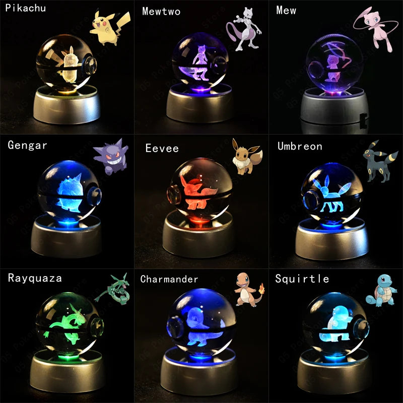 Pokemon 3D Crystal Ball Figurine — Pikachu, Gengar, Mew, Mewtwo Glass Statue with Lamp Base, Kids Birthday Gift