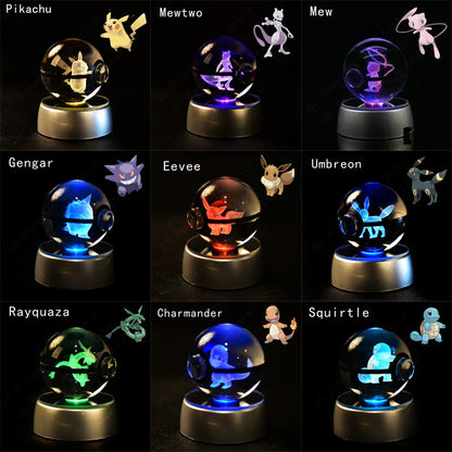 Pokemon 3D Crystal Ball Figurine — Pikachu, Gengar, Mew, Mewtwo Glass Statue with Lamp Base, Kids Birthday Gift
