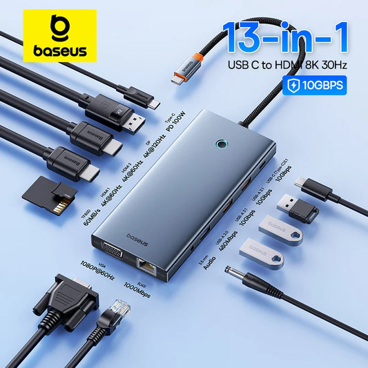 Baseus 13-in-1 USB-C Hub – HDMI, DP 4K 60Hz, RJ45, VGA, PD 100W, USB-A Adapter for MacBook & PC