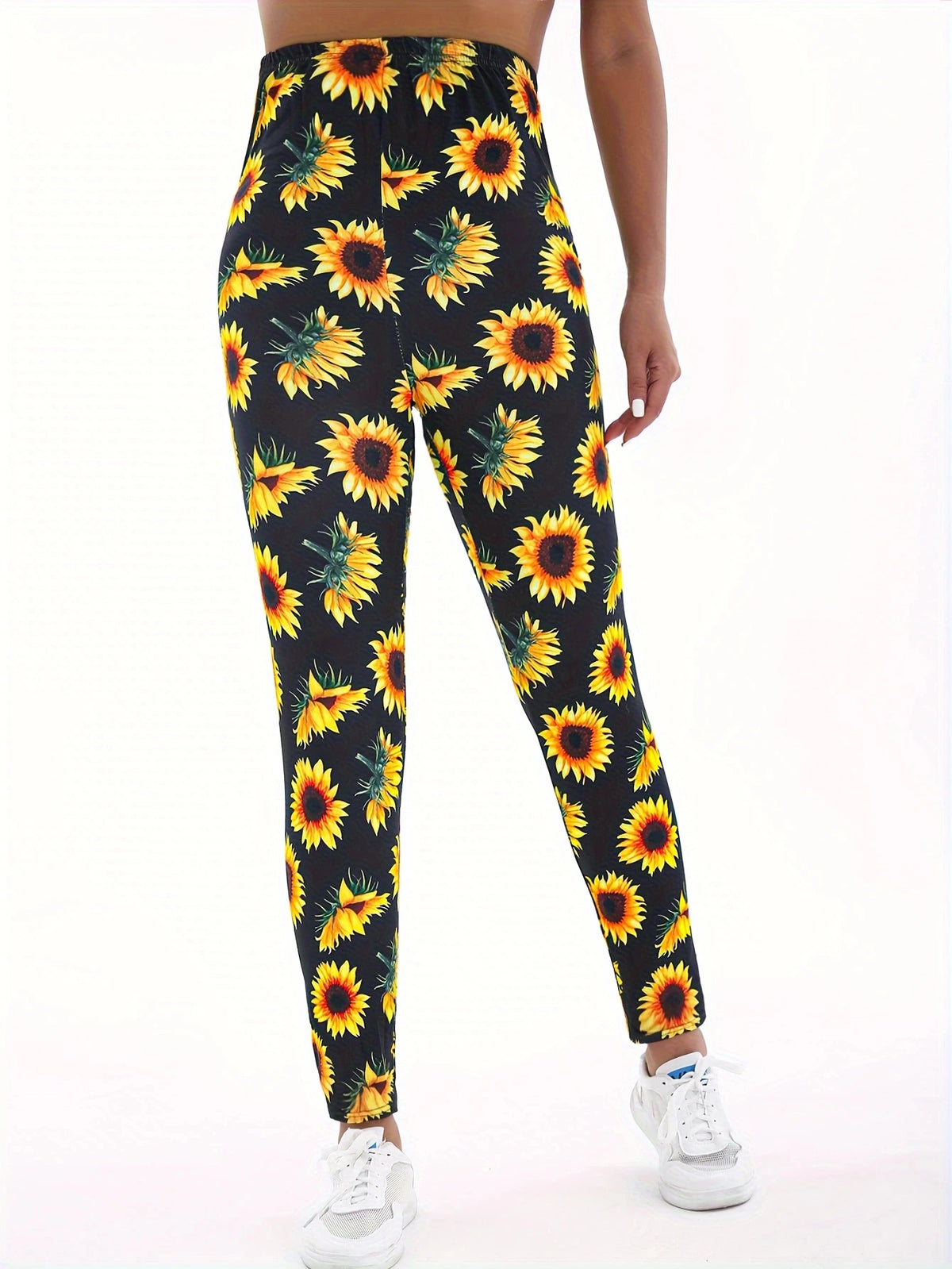Sunflower Printed Leggings - High-Stretch Denim Style Pants for Fitness, Yoga & Casual Wear