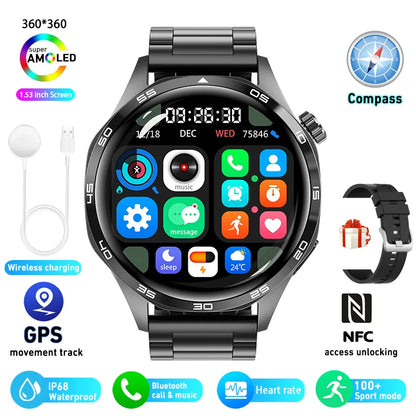 2025 GPS NFC Smartwatch for Men – 360x360 AMOLED HD Screen, Bluetooth Call, Waterproof, Compatible with Huawei Watch 5 Pro