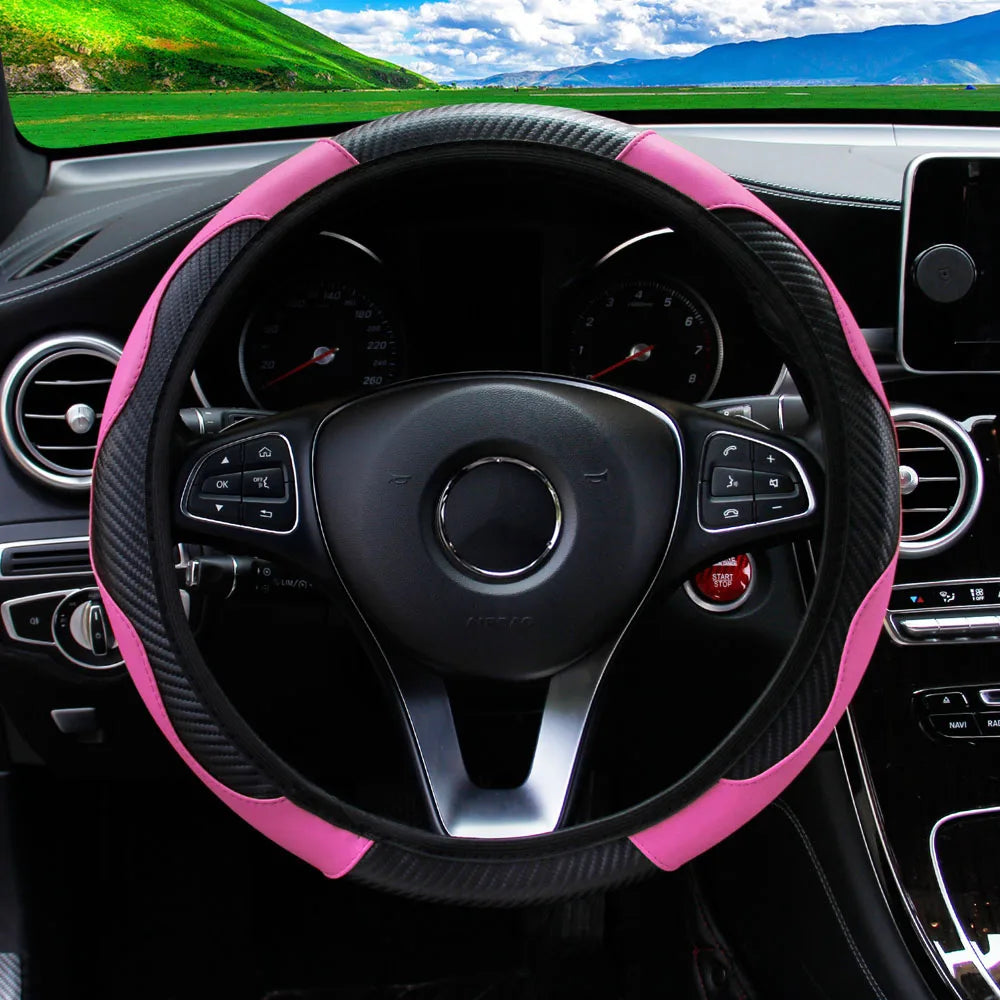 PU Carbon Fiber Leather Steering Wheel Cover — No Inner Ring, Fits 14.5-15 Inch Cars