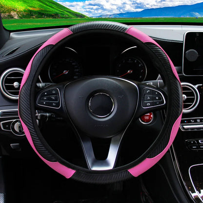 PU Carbon Fiber Leather Steering Wheel Cover — No Inner Ring, Fits 14.5-15 Inch Cars