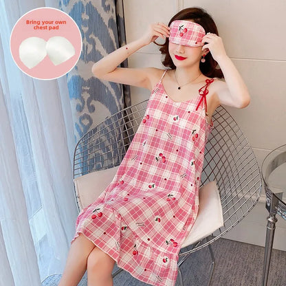 Women’s Cartoon Animal Pajama Set - Cute Loose Sling Nightgown with Bra Pad & Free Eye Mask for Sleepwear