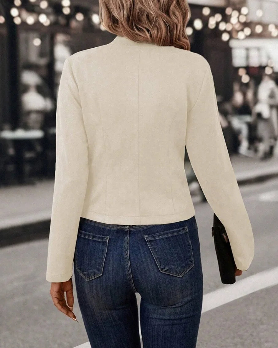 Women's Double-Breasted Blazer Coat – Stand Collar, Slim Fit, Long Sleeves Retro Jacket for Spring & Autumn