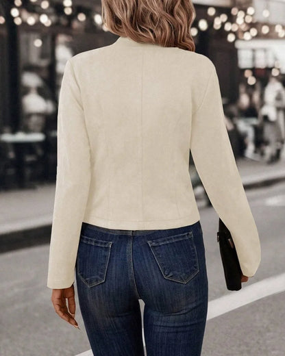 Women's Double-Breasted Blazer Coat – Stand Collar, Slim Fit, Long Sleeves Retro Jacket for Spring & Autumn