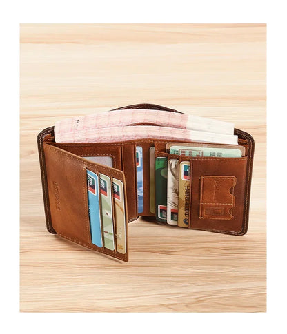 Genuine Leather Men’s Wallet – RFID Blocking Trifold, Vintage Thin ID & Credit Card Holder, Multi-Function Purse