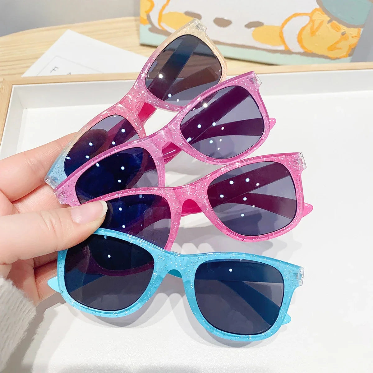 Kids Square Sunglasses - Colorful Shiny Fashion Eyewear for Girls, Trendy Cute Summer Sun Glasses