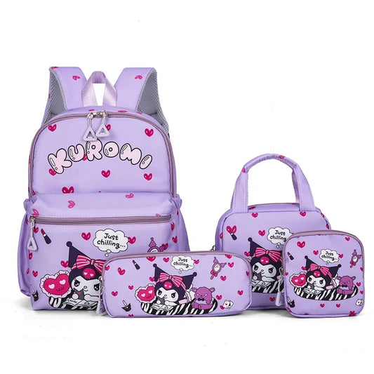4pcs Kuromi & Hello Kitty Sanrio Backpack Set – Includes Pencil Case, Shoulder Bag, Wallet & Melody Daypack