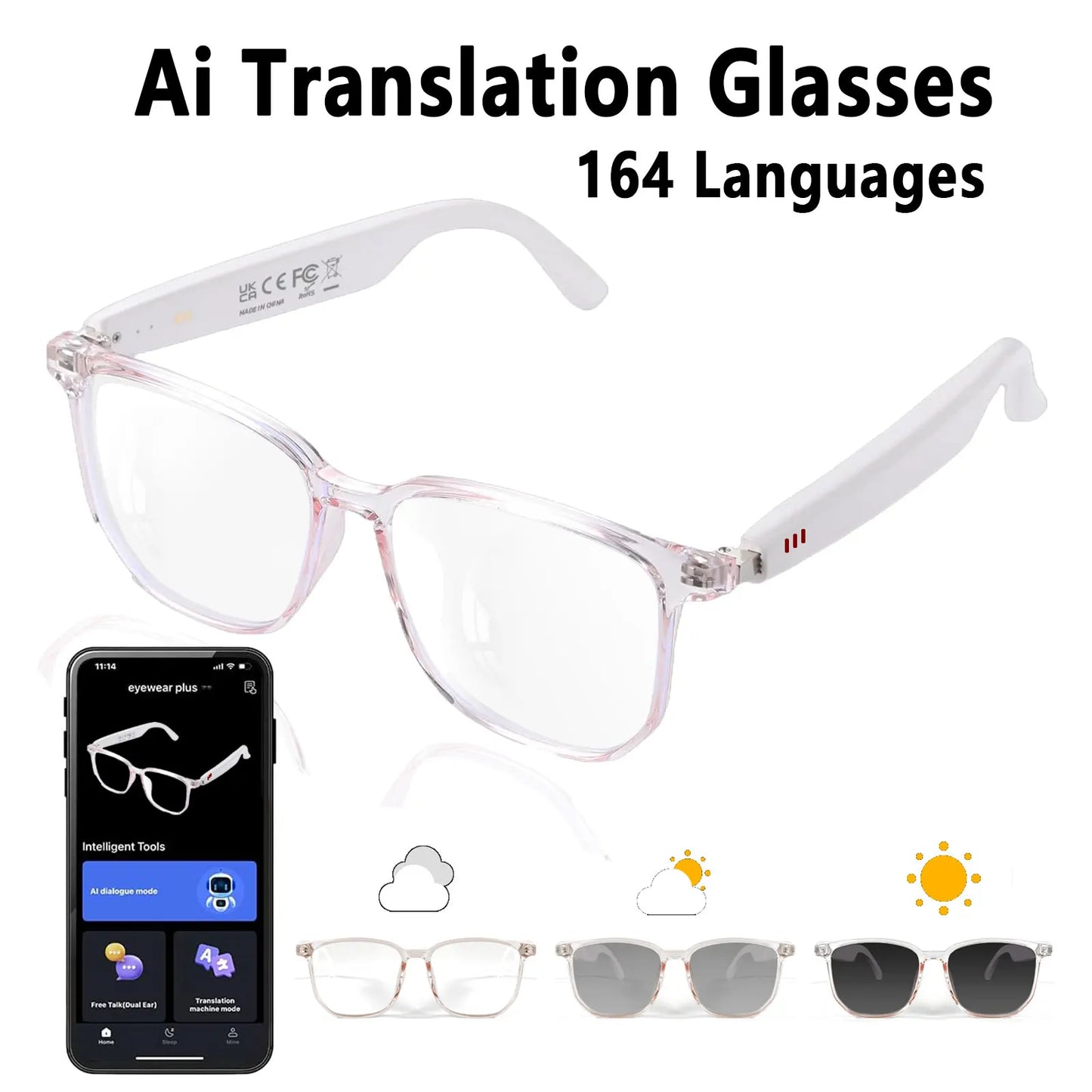 Smart AI Translation Glasses – Real-Time Audio Translation in 160+ Languages with Light-Sensitive Color-Changing Lenses