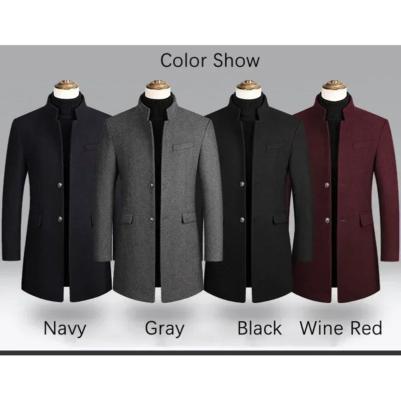 BROWON Men's Wool Trench Coat - Solid Color Business Casual Winter Coat for Autumn & Winter