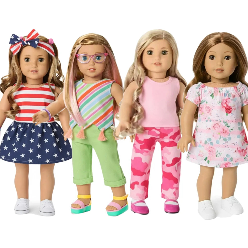 4-Piece Doll Clothes Set – Daily Pretty Dresses, Top & Pants for 43cm Born Baby Dolls & 18-Inch American Dolls, Festival Gift for Girls