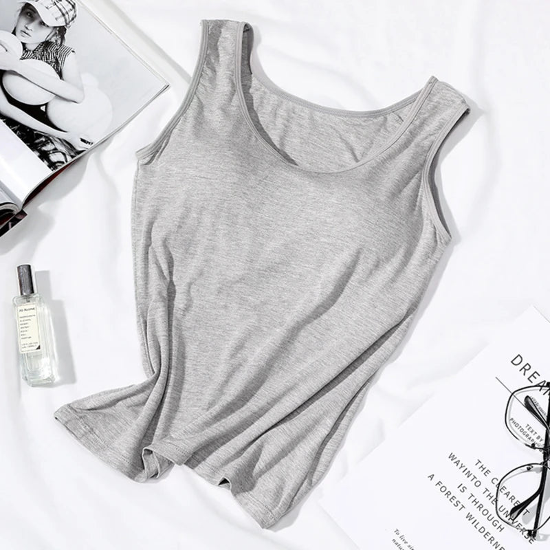 Women’s Built-In Bra Tank Top - Solid Color Padded Slim Fit Vest Shirt for Casual, Sexy & Everyday Wear