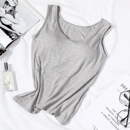 Women’s Built-In Bra Tank Top - Solid Color Padded Slim Fit Vest Shirt for Casual, Sexy & Everyday Wear