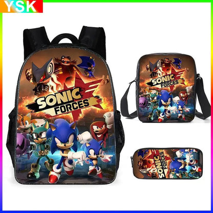 3PC Sonic Backpack School Bag Set – Anime Cartoon Zipper Backpack for Boys & Girls, Primary and Middle School Students
