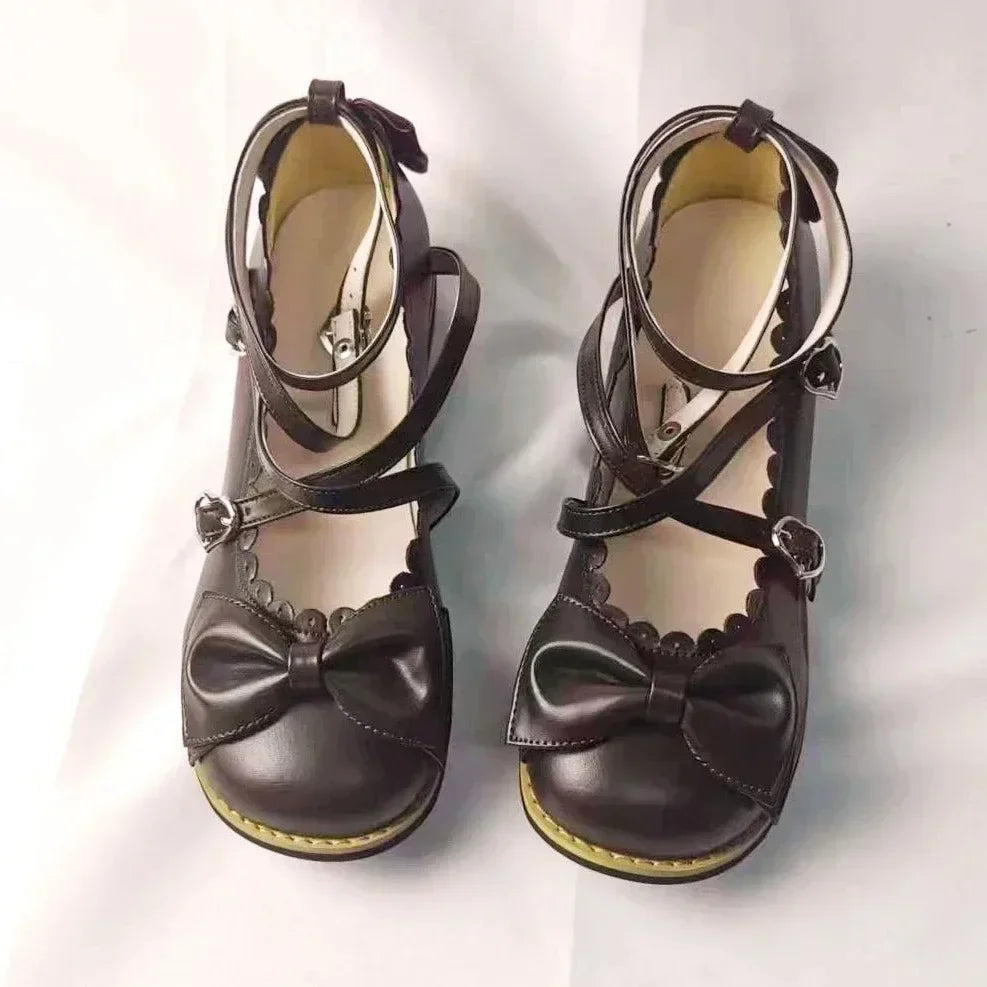 HoneyCherry Lolita Princess Shoes – Women’s Cute Flats with Bow, Cross Straps & Low Round Design
