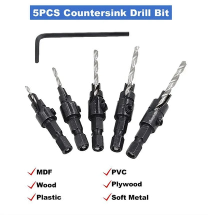 5PCS Woodworking Countersink Drill Bit Set – One-Piece Hex Handle Twist Drill with Chamfering Tool