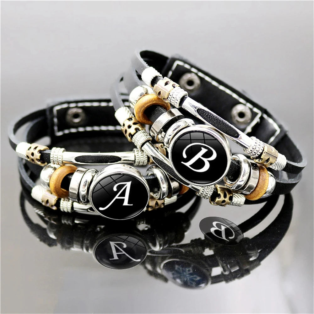 A-Z English Letters Leather Bracelet - 26 Initial Cabochon Glass Snap Wristband for Men & Women, Couple Gift