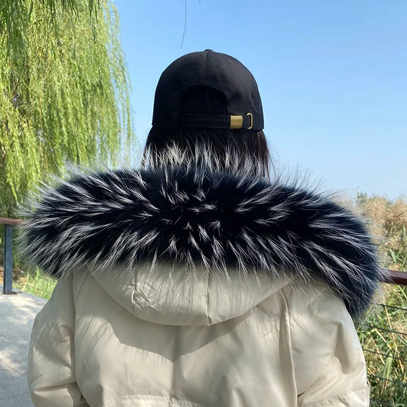 Natural Raccoon & Fox Fur Scarf – Luxury Women’s Winter Fur Collar and Hood Trim for Coats & Jackets