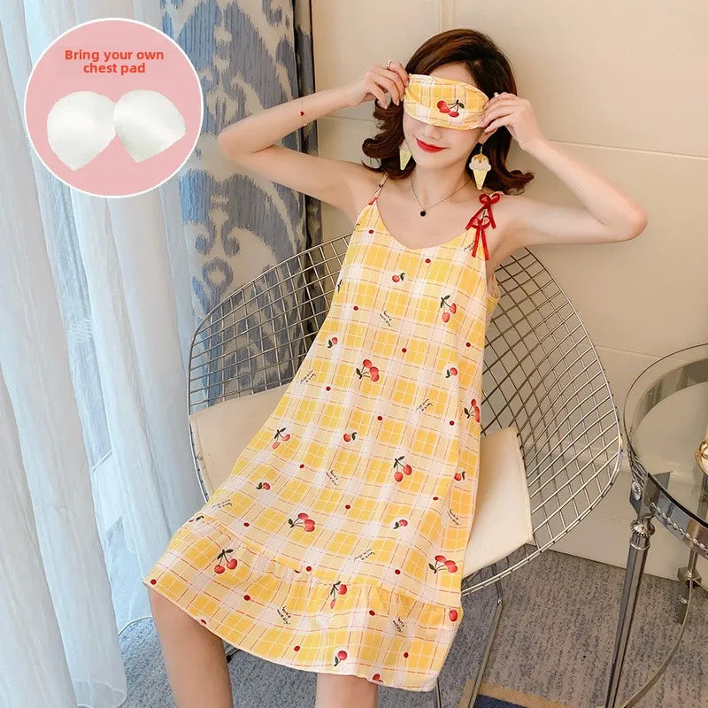 Women’s Cartoon Animal Pajama Set - Cute Loose Sling Nightgown with Bra Pad & Free Eye Mask for Sleepwear