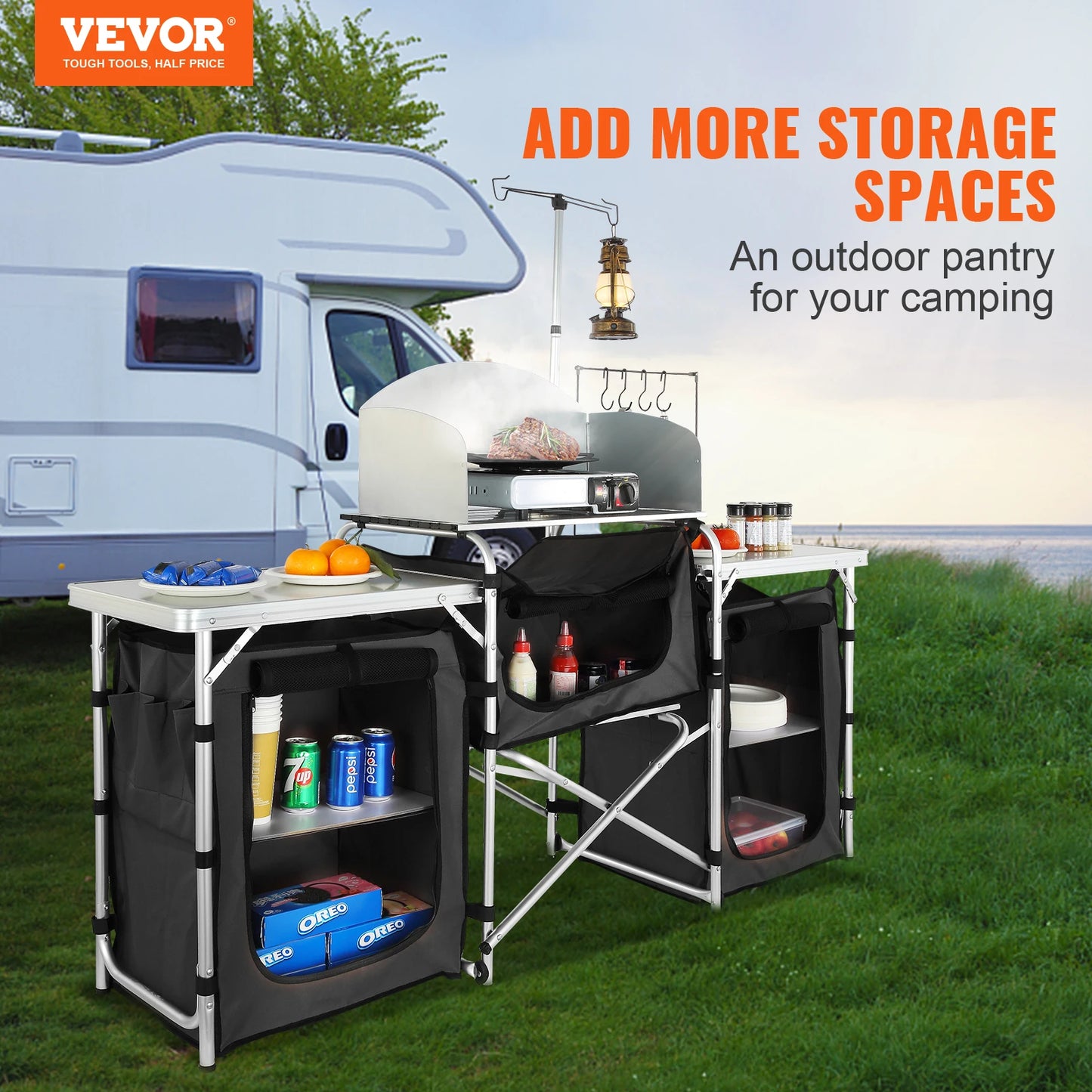 VEVOR Foldable Camping Kitchen Table – Outdoor Cooking Cabinet with Storage Rack & X-Shaped Aluminum Alloy Frame for BBQ & Picnic
