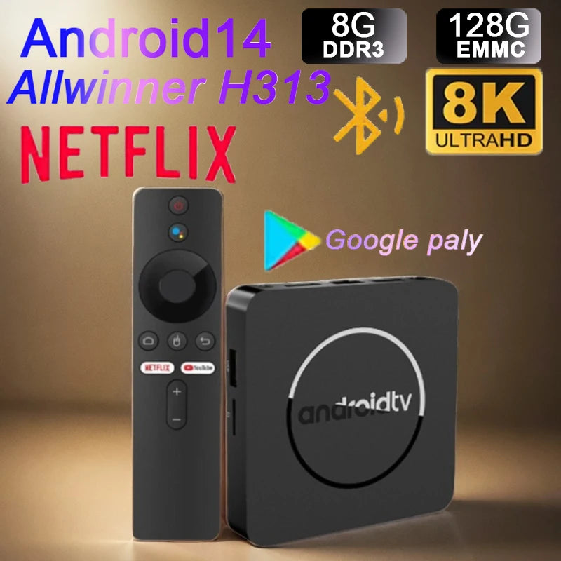 Q10 Android 14 TV Box – Allwinner H313 8K Media Player with 64GB/128GB ROM, Dual WiFi 2.4G&5G, Voice Control Set-Top Box