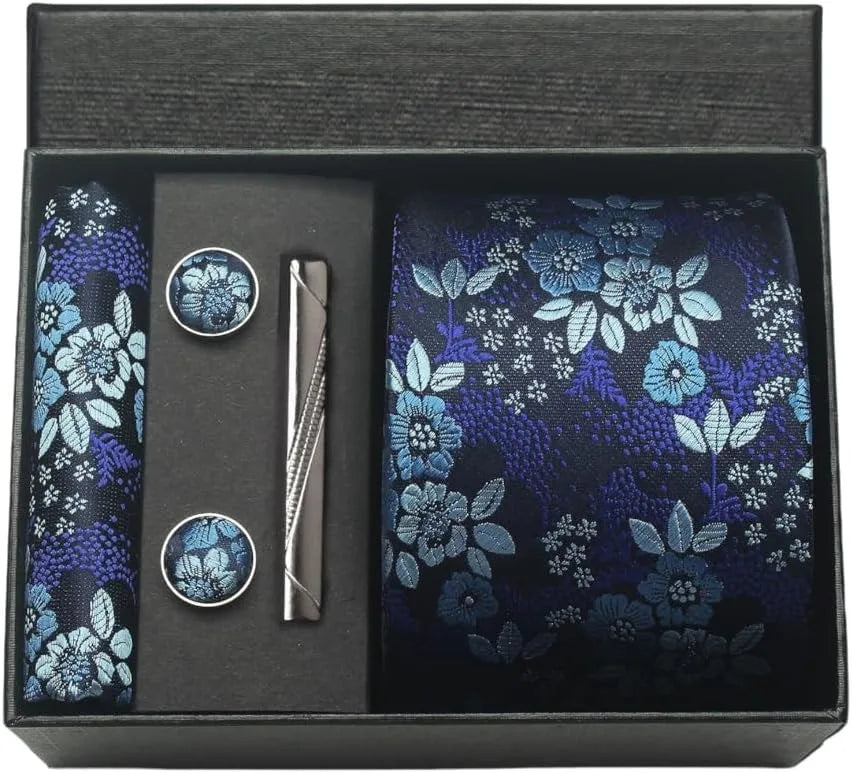100% Silk Men’s Necktie Set with Paisley Floral Design, Business Tie with Pocket Square, Tie Clip & Cufflinks Gift Box Set for Men