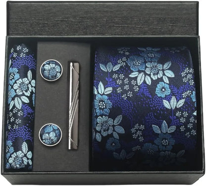 100% Silk Men’s Necktie Set with Paisley Floral Design, Business Tie with Pocket Square, Tie Clip & Cufflinks Gift Box Set for Men