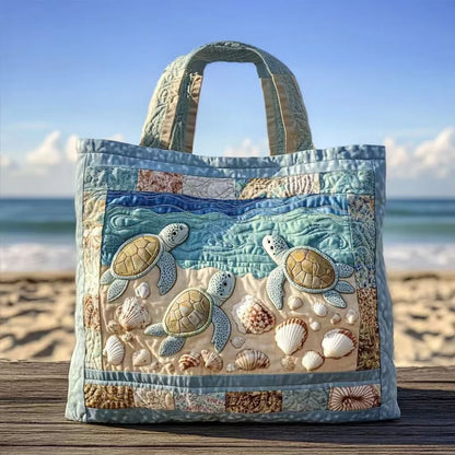 Turtle Print Quilted Tote Bag - Large Capacity Soft Canvas Shoulder Bag with 3D Ocean Turtle Design