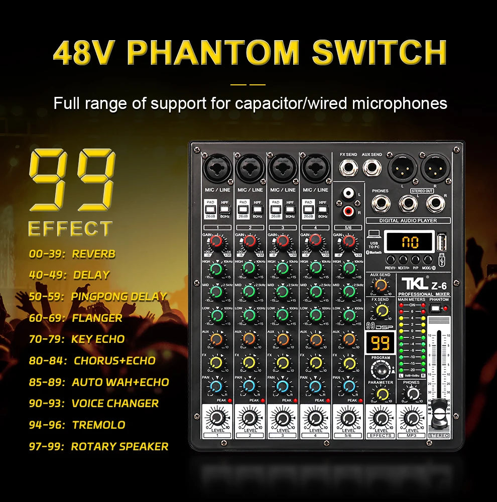 TKLBLS Professional 6 Channel Audio Mixer – 99 DSP Effects, 48V Phantom Power, USB, Bluetooth DJ Console for Studio & Karaoke