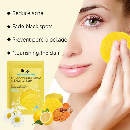 Turmeric & Kojic Acid Facial Cleansing Pads — Lemon Deep Cleanse, Brightening & Whitening Cotton Pads for Face Skincare