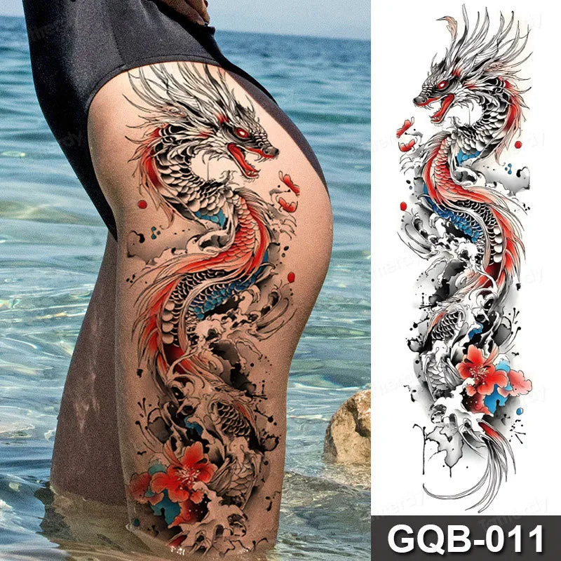 Full Arm Dragon Skull Tattoo Sleeve - Waterproof Temporary Body Art Sticker with Clock Compass Flower Design for Men & Women