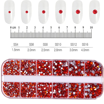12-Grid Mixed Nail Rhinestones SS6-SS30 – Shiny Flat-Back Gems in Clear, Gold, Pink & Blue for Nail Art Decoration