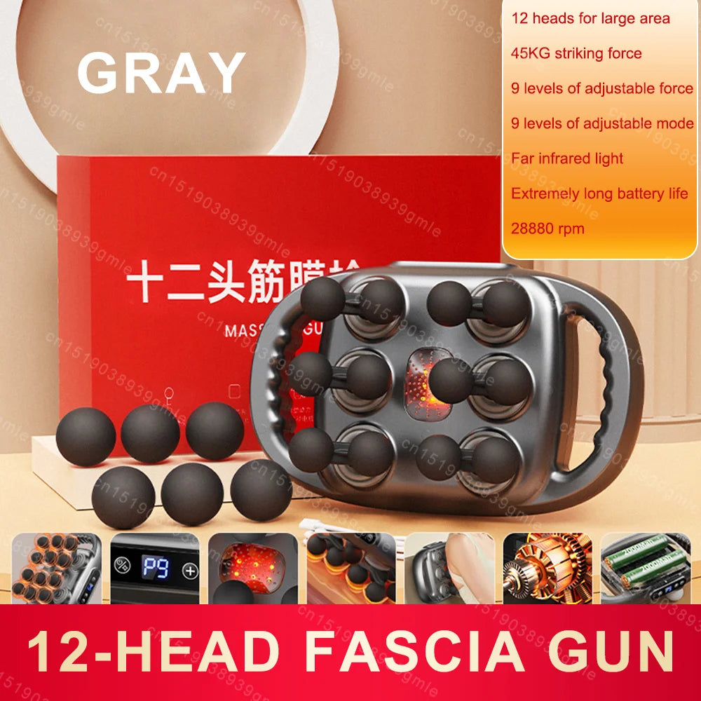 Fascia Massage Gun with 12/8 Heads — Electric Deep Tissue Muscle Relaxation Gun, High-Frequency Back & Body Massager