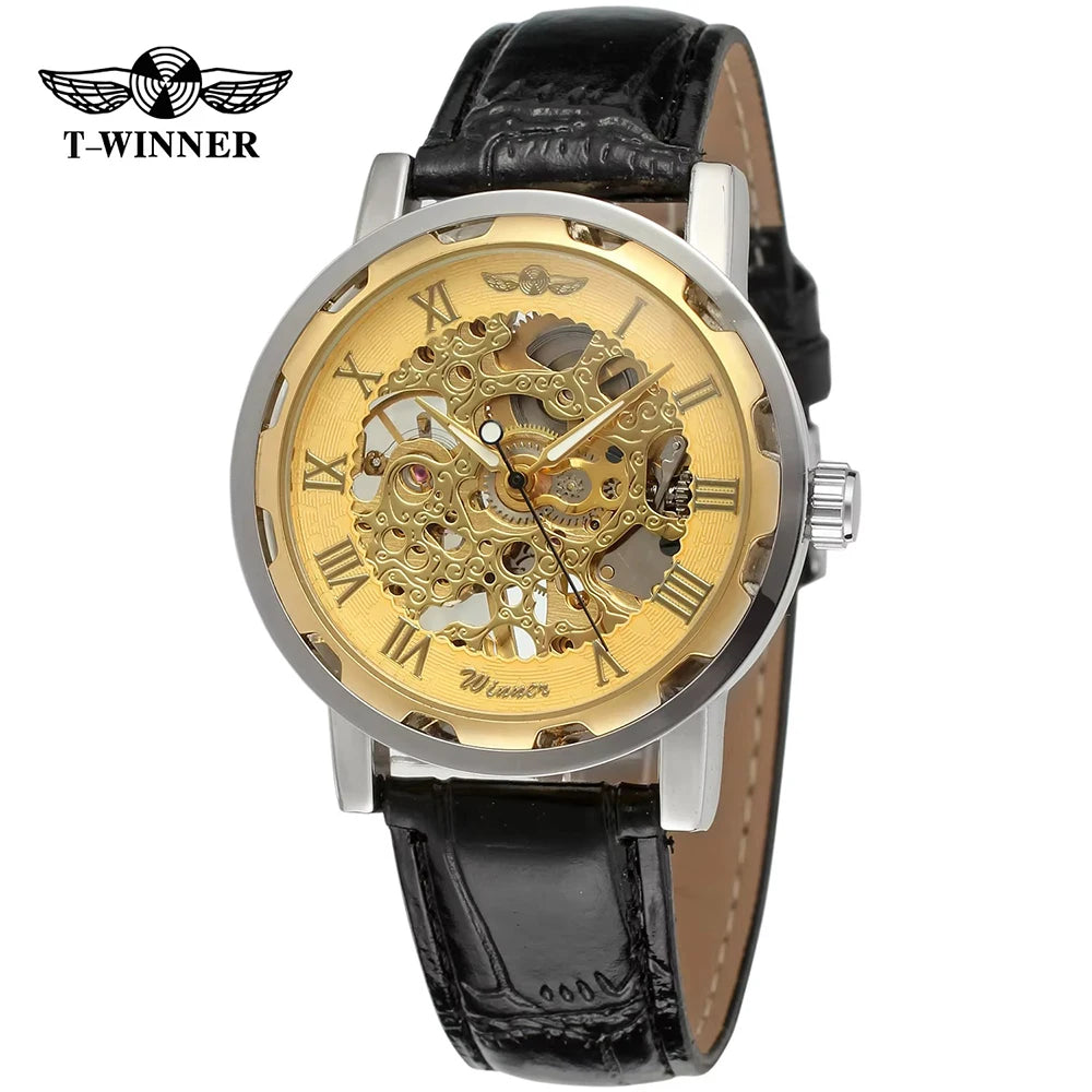 T-Winner Classic Skeleton Watch – Mechanical Hand-Wind Wristwatch with PU Leather Strap for Men & Women