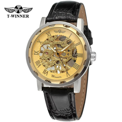 T-Winner Classic Skeleton Watch – Mechanical Hand-Wind Wristwatch with PU Leather Strap for Men & Women