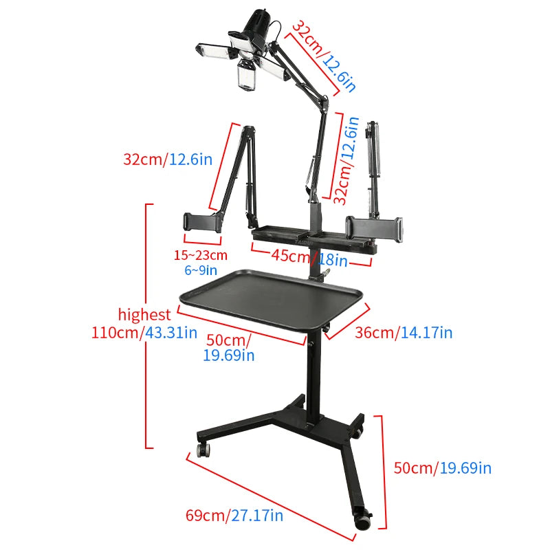 TAIDU Tattoo Workstation – Foldable LED Light 60W with Phone Holder, Tray Table, Nail Lamp & Tattoo Work Cart