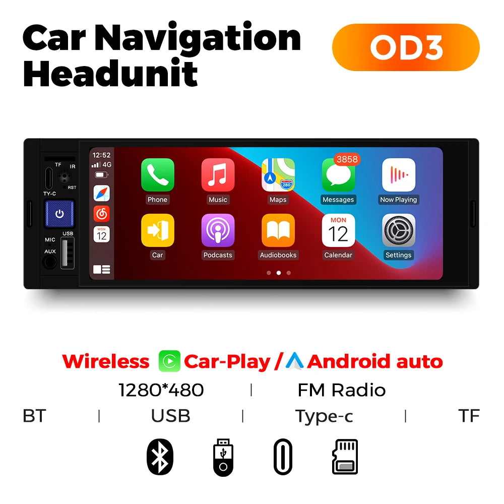 6.86" 1-DIN Car Stereo - HD Touchscreen Wireless CarPlay Bluetooth FM USB Multimedia Player