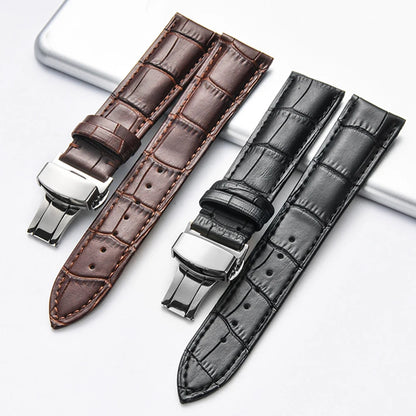 Genuine Leather Watch Strap with Wooden Box – Butterfly Clasp Bracelet 18-24mm Wristband