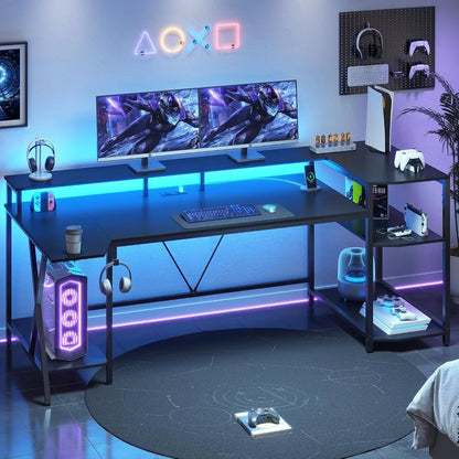 70.8'' Gaming Desk with LED Lights – Computer Desk with Storage Shelves, Monitor Stand, Power Outlets & Cup Holder