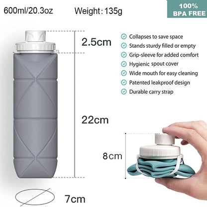 Stay Hydrated Anywhere: 600ML Silicone Folding Water Cup - Collapsible & Leakproof Water Bottle for Travel, Gym, Camping, Hiking - Portable Sports Kettle Drinkware