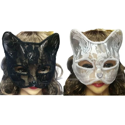 Women's Cat Face Lace Mask - Elegant Animal Masquerade Mask for Halloween Cosplay & Parties